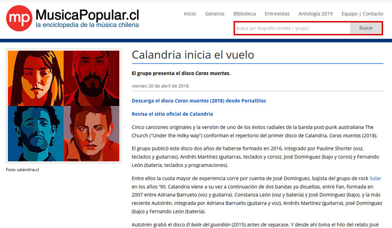 Reportaje en musicapopular.cl sobre disco Caras Muertas de Calandria